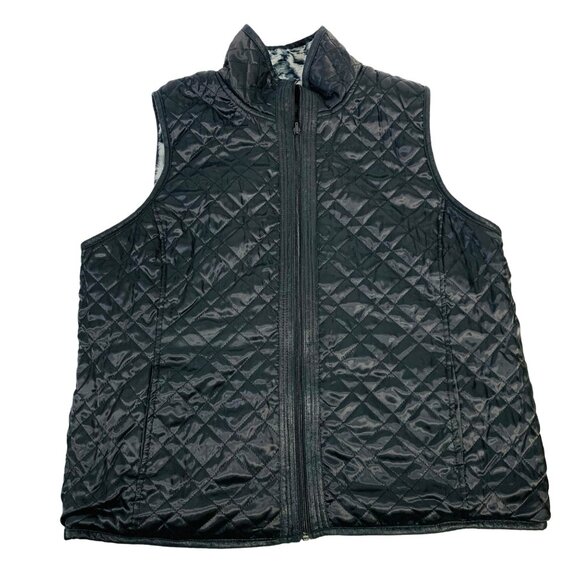 Reversible Leopard Zip Vest Faux Fur Size L Black Quilted Trendy Cozy Layering - Picture 3 of 11